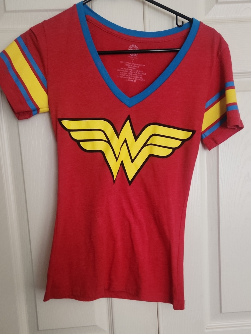 DC Comics Red Wonder Woman V-Neck Tee with Yellow Logo